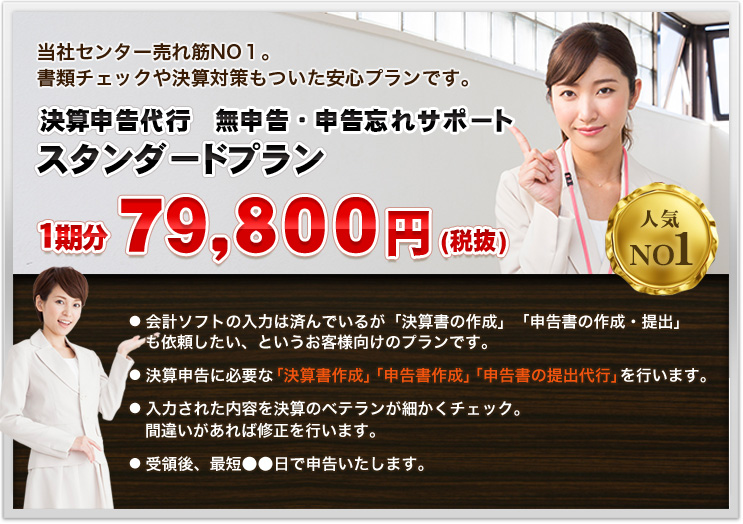 当社センター売れ筋NO１。書類チェックや決算対策もついた安心プランです。決算申告代行　無申告・申告忘れサポート スタンダードプラン １期分7９，８００円(税抜)●   会計ソフトの入力は済んでいるが「決算書の作成」「申告書の作成・提出」　も依頼したい、というお客様向けのプランです。●   決算申告に必要な「決算書作成」「申告書作成」「申告書の提出代行」を行います。●   入力された内容を決算のベテランが細かくチェック。　間違いがあれば修正を行います。●受領後、最短●●日で申告いたします。