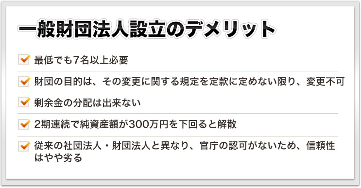 一般財団法人設立のデメリット 最低でも7名以上必要財団の目的は、その変更に関する規定を定款に定めない限り、変更不可剰余金の分配は出来ない2期連続で純資産額が300万円を下回ると解散従来の社団法人・財団法人と異なり、官庁の認可がないため、信頼性はやや劣る