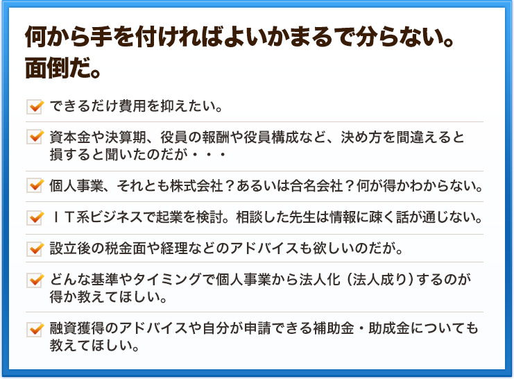 何から手を付ければよいかまるで分らない。 面倒だ。できるだけ費用を抑えたい。資本金や決算期、役員の報酬や役員構成など、決め方を間違えると損すると聞いたのだが・・・個人事業、それとも株式会社？あるいは合名会社？何が得かわからない。ＩＴ系ビジネスで起業を検討。相談した先生は情報に疎く話が通じない。設立後の税金面や経理などのアドバイスも欲しいのだが。どんな基準やタイミングで個人事業から法人化（法人成り）するのが得か教えてほしい。融資獲得のアドバイスや自分が申請できる補助金・助成金についても教えてほしい。